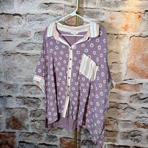 Easel - Floral Button-Up Floral Short Sleeve Top - Purple - L - NWT